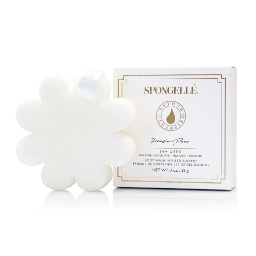 Soap infused body buffer sponge with a white box packaging on a white background