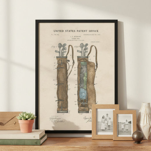 Framed 1905 U.S. Patent caddy bag drawing with hand-colored detail in tobacco brown and teal on aged parchment — golf wall art.