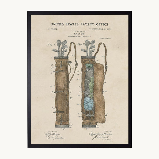 Framed 1905 U.S. Patent caddy bag drawing with hand-colored detail in tobacco brown and teal on aged parchment — golf wall art from The Red Hound Gifts