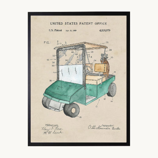 A framed vintage golf cart patent print featuring a watercolor-style illustration of a green golf cart with technical diagram markings, presented in a black frame against a light beige background.