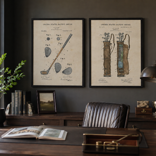Framed 1910 U.S. Patent golf club drawing by Albert C. Fowler, six figures hand-colored in slate and gold on aged parchment — golf wall art.