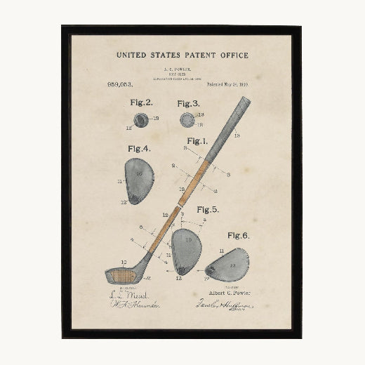 Framed 1910 U.S. Patent golf club drawing by Albert C. Fowler, six figures hand-colored in slate and gold on aged parchment — golf wall art from The Red Hound Gifts