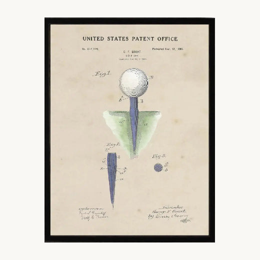 A framed vintage golf tee patent print featuring a golf tee with a white golf ball on a blue shaft, shown with a black frame against a light beige background.