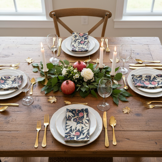 Floral cotton napkins featuring a navy background with gooseberry pinks and honey accents on a marble table with pink and yellow plates