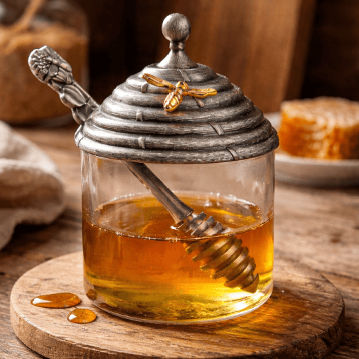 Glass jar with honey and a honey dipper on a wooden surface