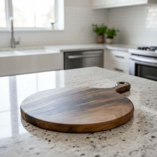 Wooden charcuterie tray on a marble surface with a kitchen towel and rosemary in the background