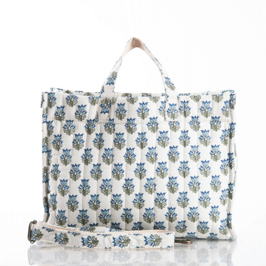 Blue Floral-patterned tote with a strap on a white background.