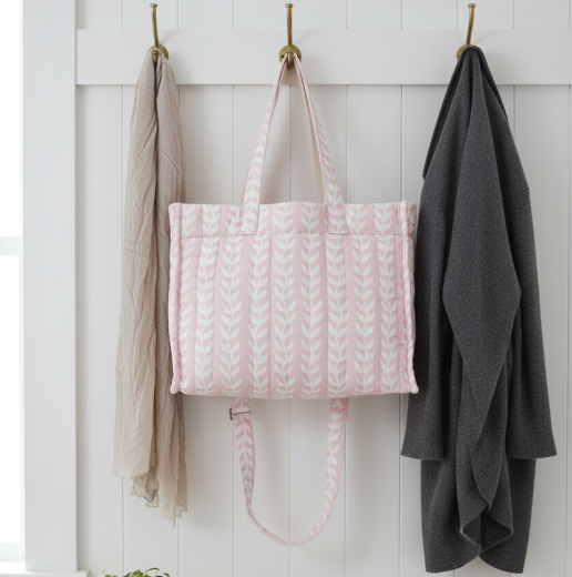 Pink tote bag with white pattern on a white background.