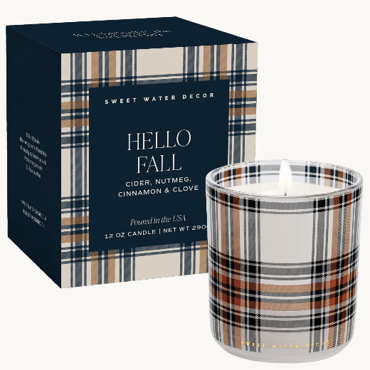 Hello Fall soy candle in navy and rust plaid jar with coordinating navy plaid gift box