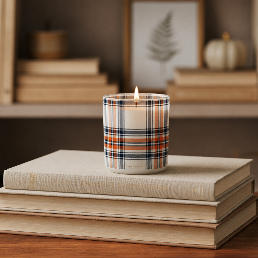 Hello Fall soy candle in navy and rust plaid jar with coordinating navy plaid gift box