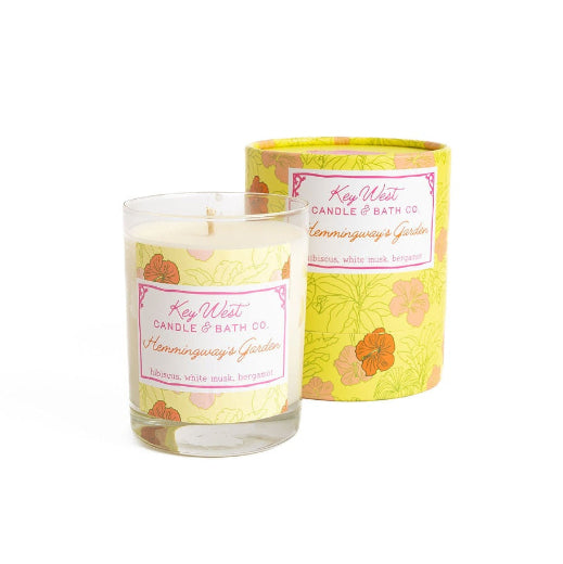 Hemingway's Garden hand-poured soy candle with floral gift packaging, bergamot hibiscus and white musk scent, 11.5 oz