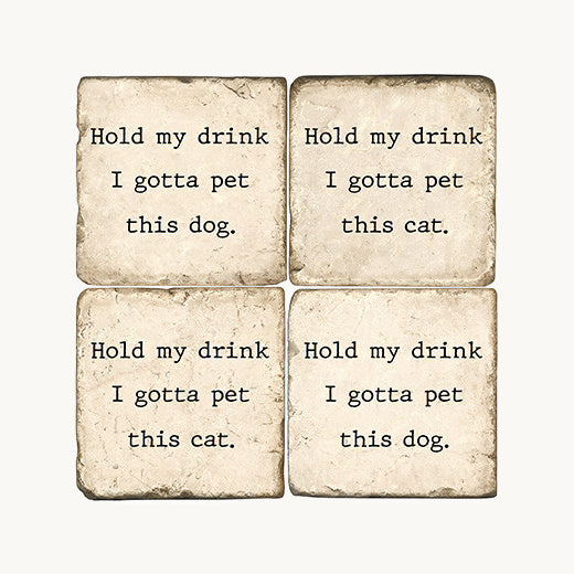 Four stone coasters with humorous text design on a white background