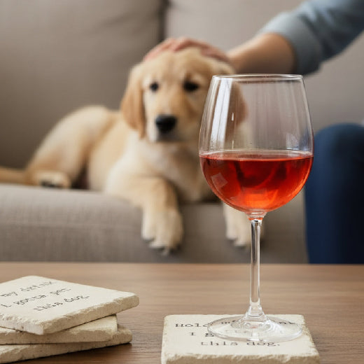 Four individual designer 4x4 vintage marble table coasters featuring hold my drink I gotta pet this dog and cat quote prints, displayed on a clean white background.