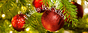 Decorative red ornaments on a Christmas tree with 'Holiday Best Sellers' text overlay.