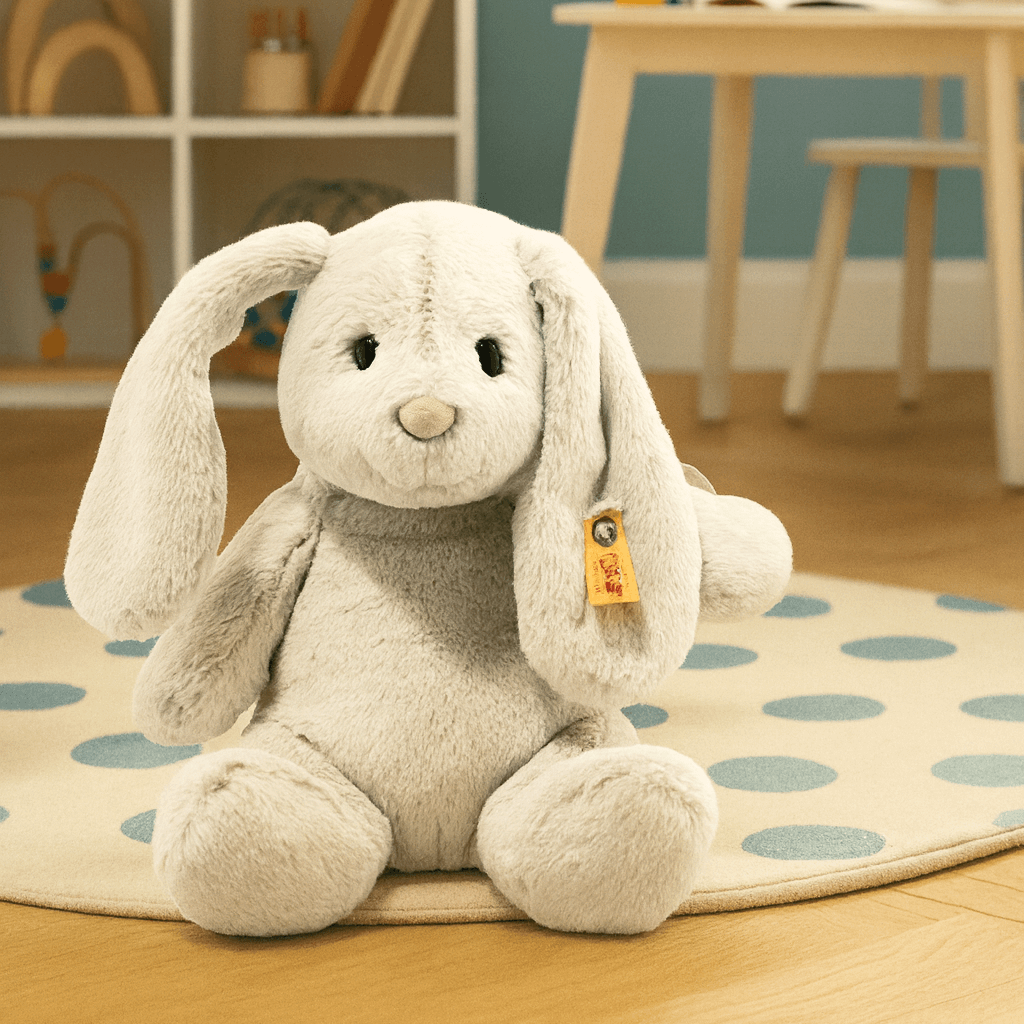 Soft greige plush bunny with long floppy ears sitting on a polka-dot rug in a cozy children’s playroom, with a small table and shelving unit in the background.