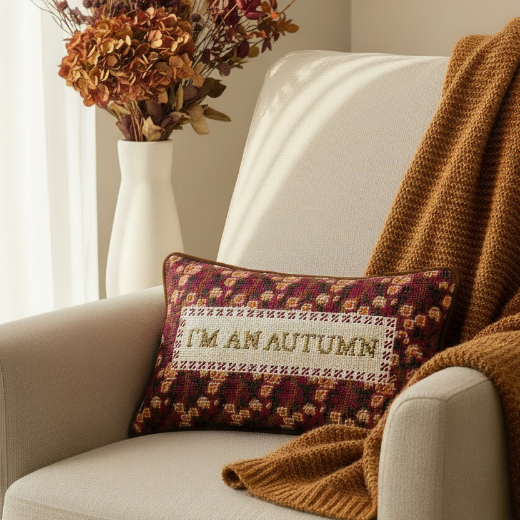 "I'm An Autumn" needlepoint pillow styled on a cream armchair with a golden orange throw blanket and dried floral arrangement. The Red Hound Gifts.