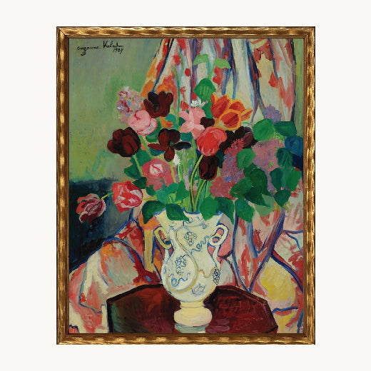 Framed reproduction of an  impressionist oil painting of pink and red blooms in a decorative white urn vase - The Red Hound Gifts