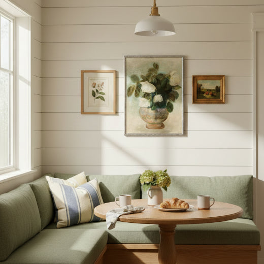 Framed impressionist oil painting of white roses in a round ceramic vase against a soft teal and beige background.