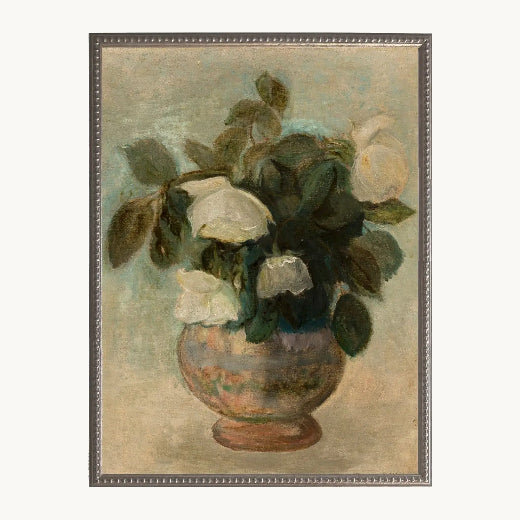 Framed impressionist oil painting of white roses in a round ceramic vase against a soft teal and beige background — The Red Hound Gifts