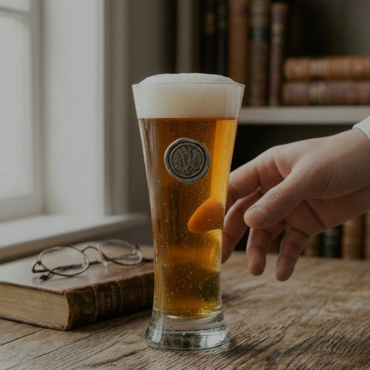 A clear pilsner glass with a pewter initial 'M' emblem, placed on a wooden surface with a barrel in the background.