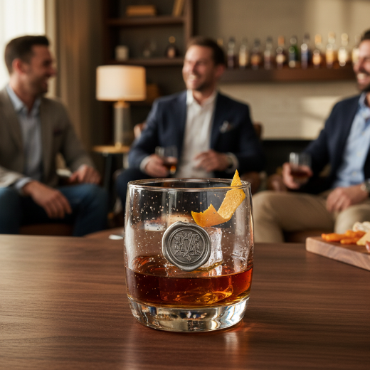 A clear double old fashioned glass with a pewter initial 'M' on the front, displayed against a wooden backdrop.