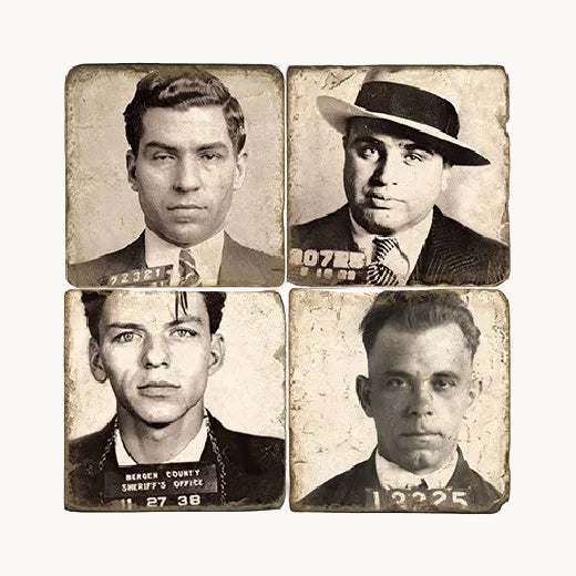 Set of four Italian tumbled marble coasters featuring vintage mugshot portraits of Lucky Luciano, Al Capone, Frank Sinatra, and John Dillinger arranged in a grid. The Red Hound Gifts.