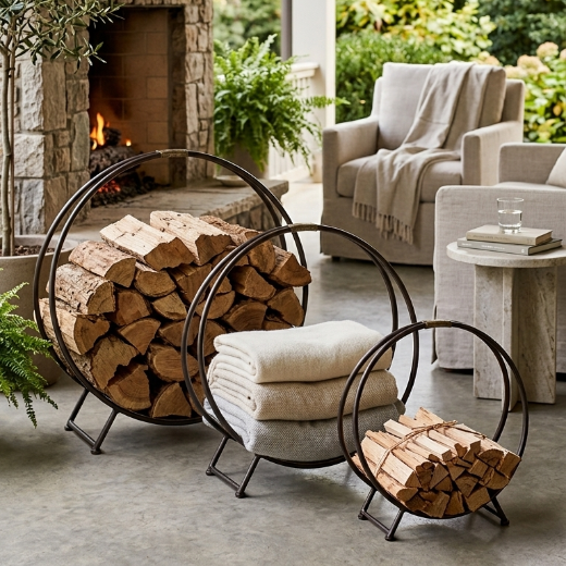 Three-piece black iron hoop log holders for fireplace wood storage, shown unnested from largest to smallest size on an isolated light backdrop.