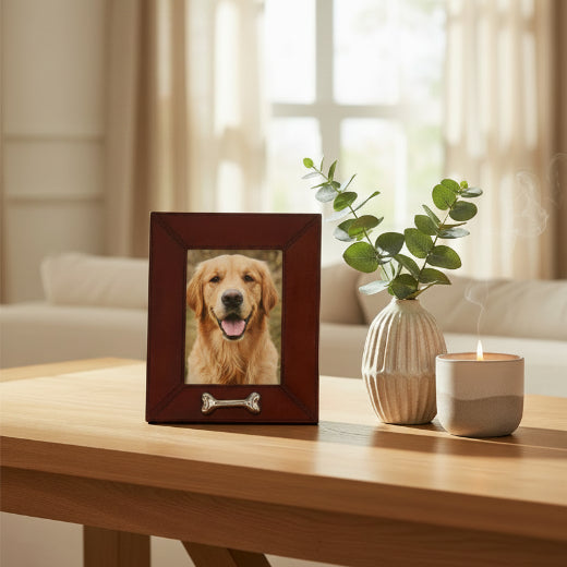 A brown leather picture frame with a bone-shaped metal hanger at the bottom and a watercolor illustration of a dachshund dog in the center.