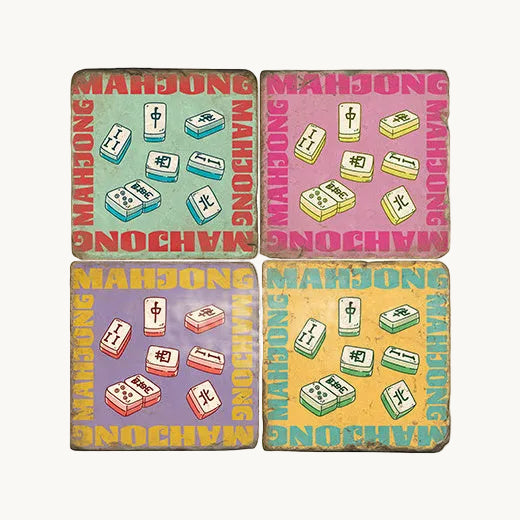 Four individual designer Italian tumbled marble table coasters featuring colorful vintage mahjong tile illustrations, displayed on a clean white background.
