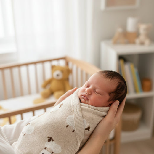 Meadow Sheep baby blanket in Natural  — soft luxury cotton knit with charming sheep motif, folded flat