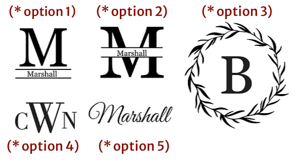 Set of five monogram options with varying designs and text styles.