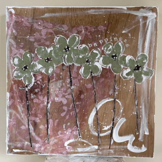 Artistic depiction of flowers with 'happiness'  text on a textured background.