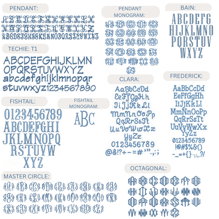 Collection of various font styles and lettering options on a white background
