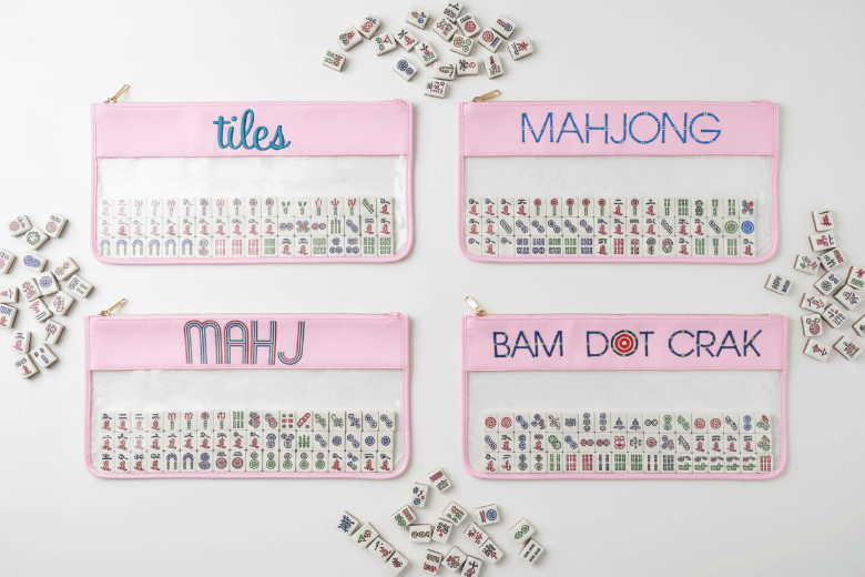 Monogrammed Mahjong Tile bags in the multiple available colors with custom text 