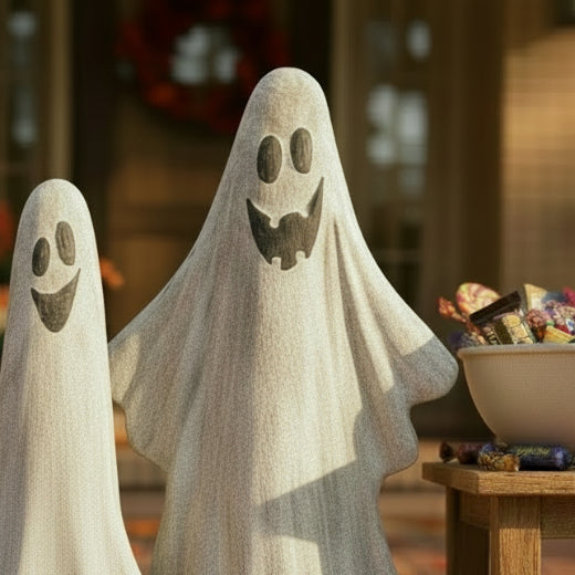 Set of two painted metal ghost figures displayed in a fall yard with autumn leaves — Halloween outdoor decor from The Red Hound Gifts