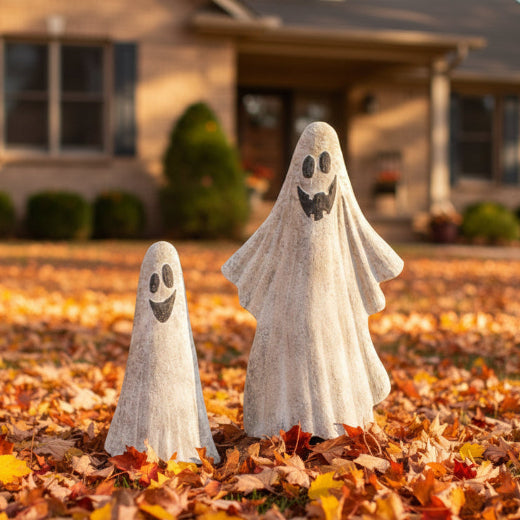 Set of two painted metal ghost figures displayed in a fall yard with autumn leaves — Halloween outdoor decor from The Red Hound Gifts