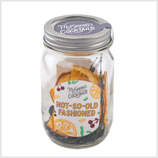 Mason jar with cocktail ingredients labeled 'Not-So-Old Fashioned' 