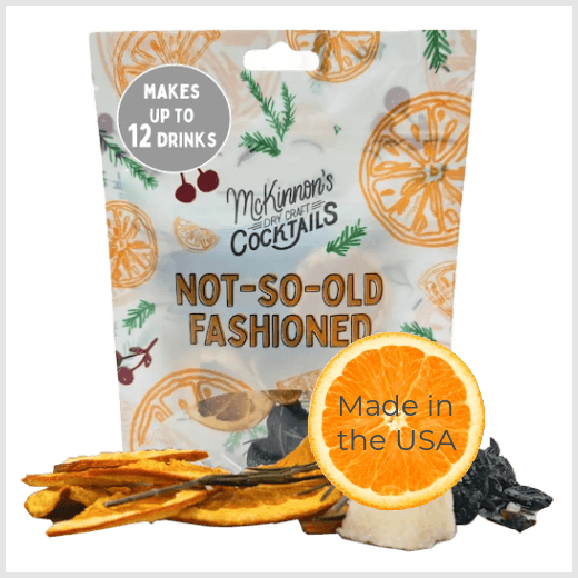 Pouch of Not-So-Old Fashioned  Craft Cocktail mix with dried fruit and an orange slice, labeled 'Made in the USA'.