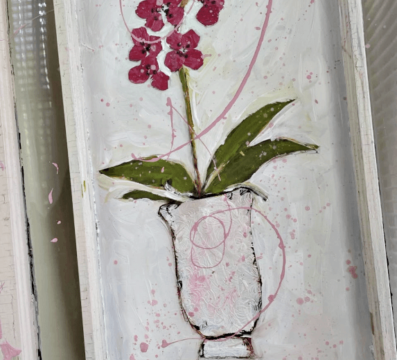 Artistic depiction of a flower in a vase on a textured white background with pink accents.