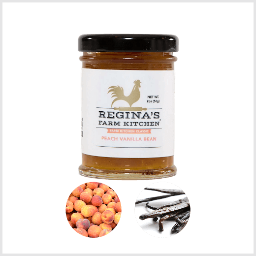 Jar of peach vanilla bean spread with insets of peaches and vanilla beans.