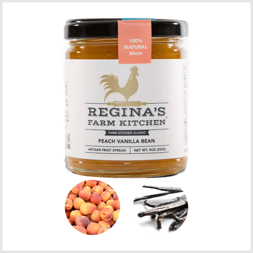 Jar of peach vanilla bean spread with insets of peaches and vanilla beans.