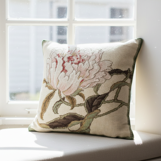 Peonies Needlepoint Pillow displayed  on a window seat