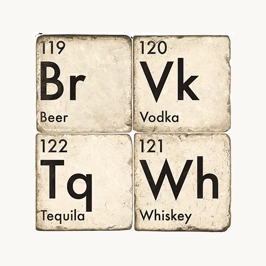 Four coasters with letters representing different alcoholic beverages on a white background