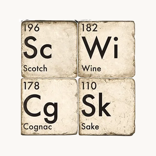 Four individual designer Italian tumbled marble table coasters featuring vintage periodic table of alcohol prints for Beer, Vodka, Tequila, and Whiskey, displayed on a clean white background.