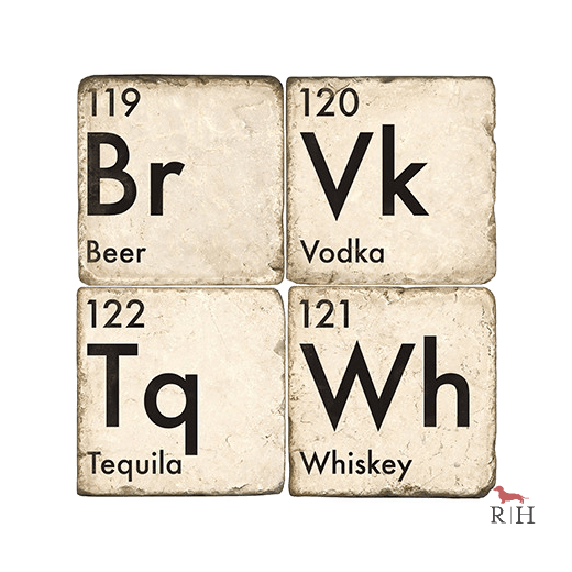 Four coasters with letters representing different alcoholic beverages on a white background