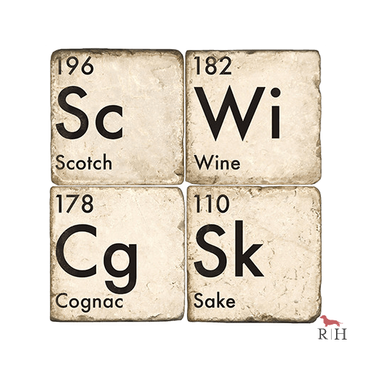 Four square coasters with letters and words related to alcoholic beverages on a white background