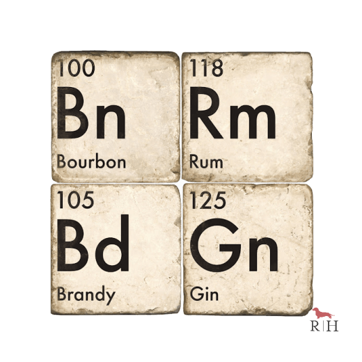 Four square coasters with letters and numbers resembling a periodic table, labeled 'Bn' for Bourbon, 'Rm' for Rum, 'Bd' for Brandy, and 'Gn' for Gin.