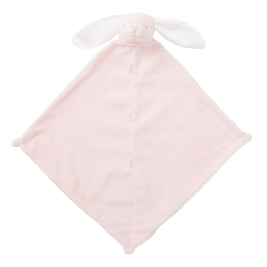 Pink plush blanket with bunny ears on a white background