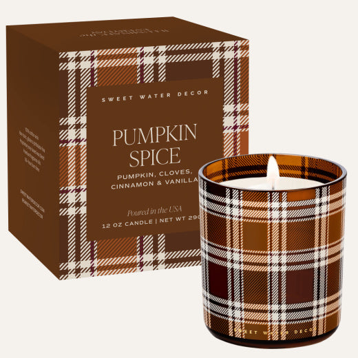 Pumpkin Spice soy candle in brown and orange plaid glass jar with coordinating plaid gift box — pumpkin, cinnamon and vanilla fragrance