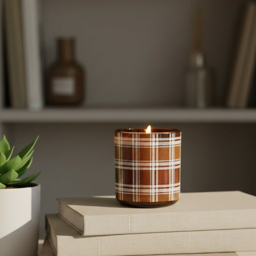Pumpkin Spice soy candle in brown and orange plaid glass jar with coordinating plaid gift box — pumpkin, cinnamon and vanilla fragrance